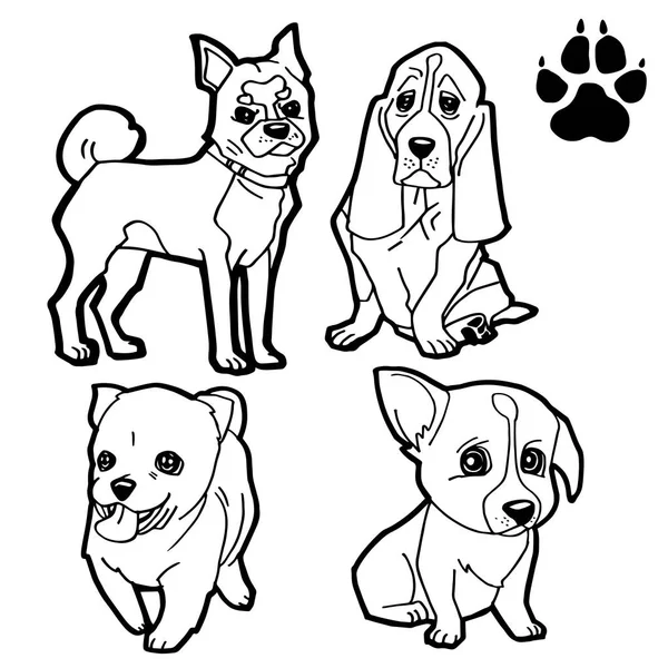 Fumetto cane e cane zampa stampa libro da colorare su sfondo bianco vettore — Vettoriale Stock