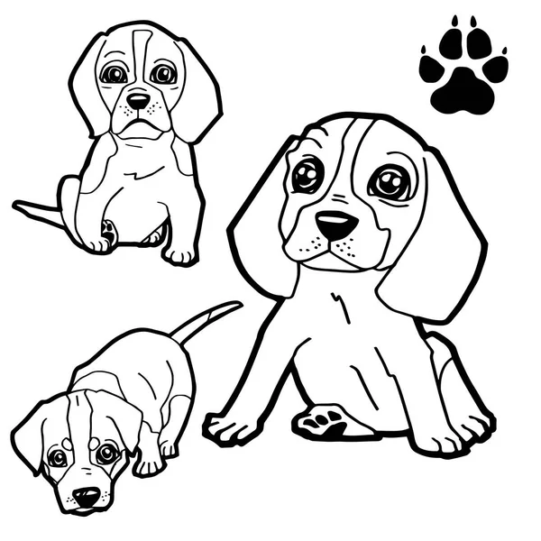 Desenhos animados do cão e da pata do cão imprimir livro para colorir no vetor de fundo branco —  Vetores de Stock