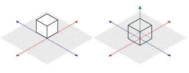 İzometrik çizim bir otuz degreesangle yanları için uygulanır. Küpün tam tersi. 3D koordinat ekseni vektör. İzometrik kılavuz vektör