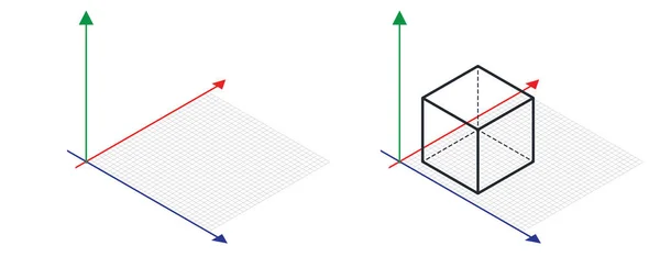 Izometryczny, rysunek trzydzieści degreesangle jest stosowany do jego boków. Cube przeciwnej. Izometryczny siatka wektor — Wektor stockowy