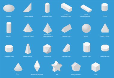 Temel geometrik şekiller kümesi. Beyaz bir arka plan üzerinde izole geometrik katı vektör.