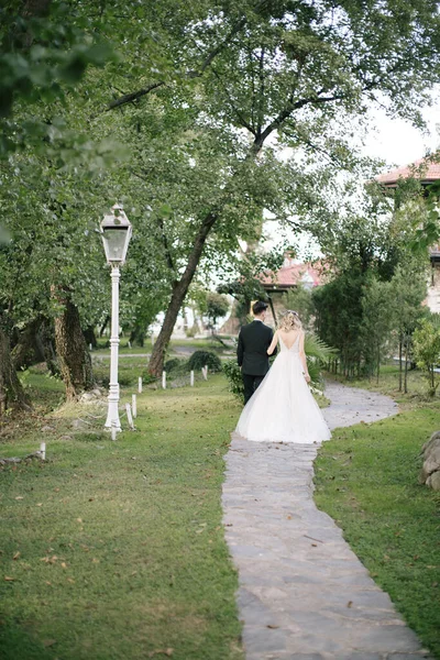 Bride Groom Walk Side Side Hand Hand — Stock Photo, Image