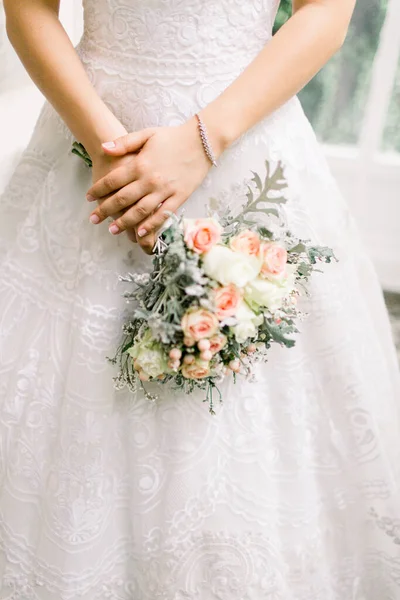 Fleur Mariée Fleurs Blanches Ruban Soie Tir Couple Jour Mariage — Photo