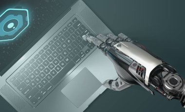 Gümüş laptop ile çalışan robot