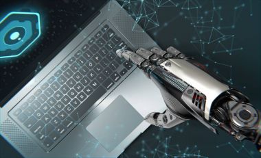 Laptop ile çalışan robot kol. Son derece ayrıntılı 3d render