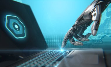 Laptop ile çalışan bir Robot. Son derece detaylı modeli