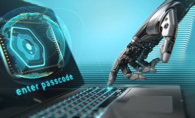 Laptop ile çalışan bir Robot. Son derece detaylı modeli