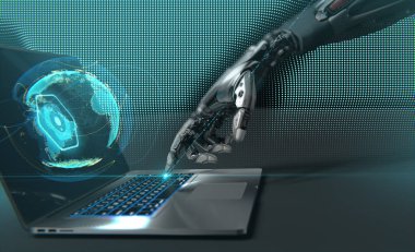 Laptop ile çalışan bir Robot. Son derece detaylı modeli