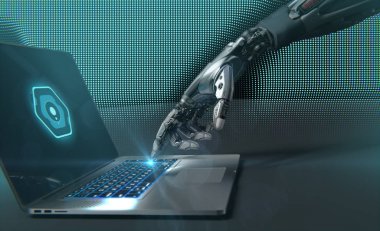 Laptop ile çalışan bir Robot. Son derece detaylı modeli