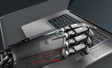 Laptop ile çalışan bir Robot. Son derece detaylı modeli