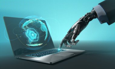 Laptop ile çalışan bir Robot. Son derece detaylı modeli