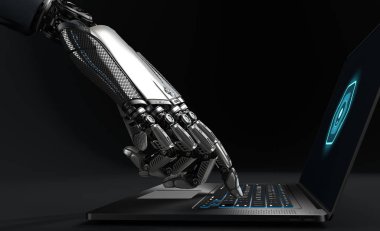 Laptop ile çalışan bir Robot. Son derece detaylı modeli