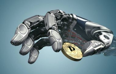 Higly detailed robot arm pinching bitcoin clipart