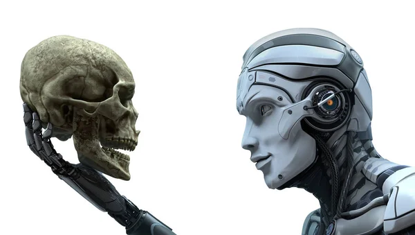 Cyborg watchging emberi koponya tartja a kezében — Stock Fotó