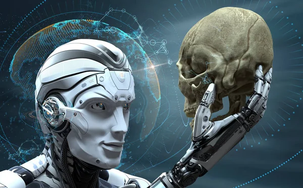 Robot observer crâne humain klaxonner dans la main — Photo