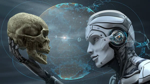 Cyborg vigilando cráneo humano sosteniendo en la mano — Foto de Stock