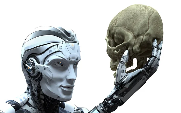 Cyborg κρατώντας ανθρώπινο κρανίο με βραχίονα — Φωτογραφία Αρχείου