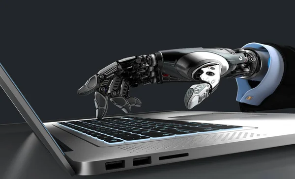 Een Robot die werken met de laptop. Zeer gedetailleerd model — Stockfoto