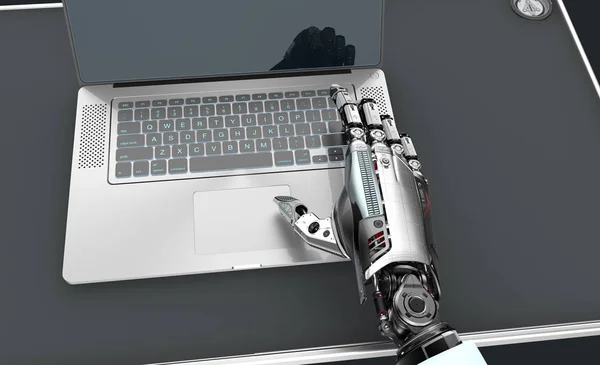 Ein Roboter, der mit Laptop arbeitet. sehr detailliertes Modell — Stockfoto