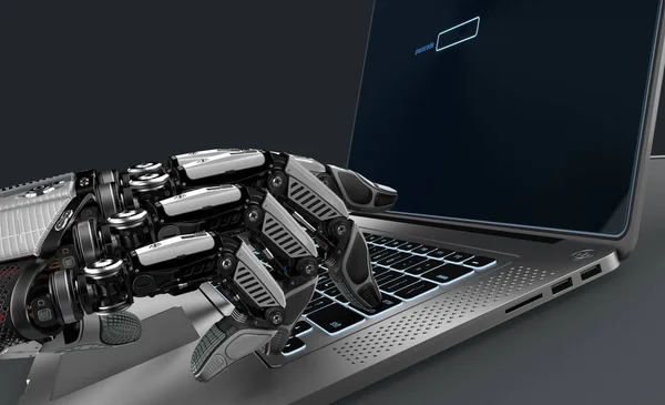 Ein Roboter, der mit Laptop arbeitet. sehr detailliertes Modell — Stockfoto