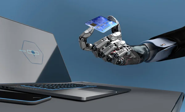 Egy robot, csinál online vásárlás bankkártyával — Stock Fotó