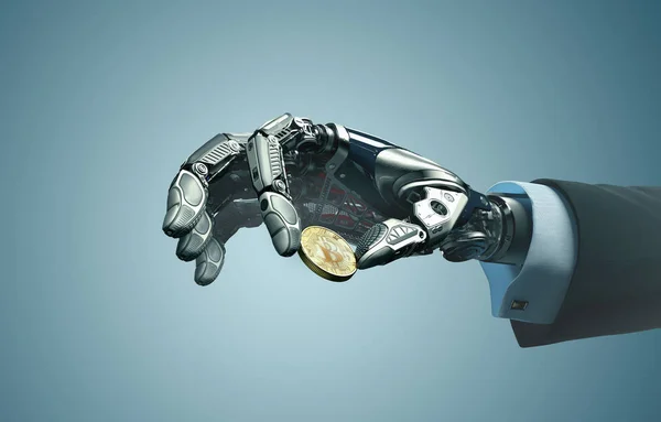 Higly detailed robot arm pinching bitcoin — Stock Photo, Image