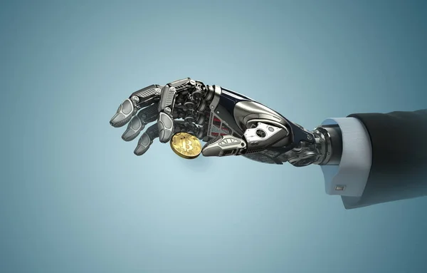 Vysoce detailní robotické rameno svírání bitcoin — Stock fotografie