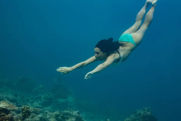 Una chica buceando en el agua tiro bajo el agua —  Fotos de Stock