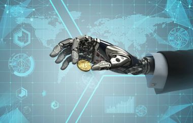 Robot kol tutarak bitcoin. E-ticaret tasarım öğesi