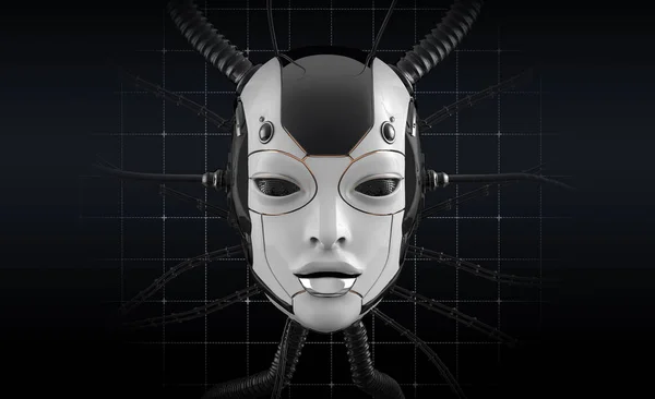 Närbild futuristiska stående kvinnlig robot ansikte — Stockfoto