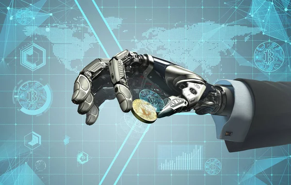 Robot arm bedrijf bitcoin. E-commerce business conceptontwerp — Stockfoto