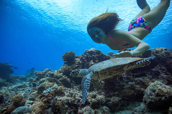 Una chica con aletas nadando bajo el agua en agua maldiva — Foto de Stock