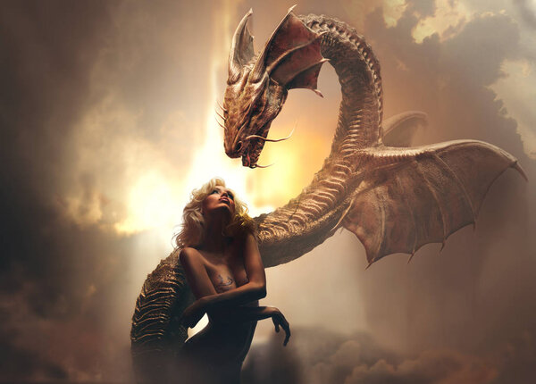 Blonde girl and dragon in fantasy world against brighr cloudy background