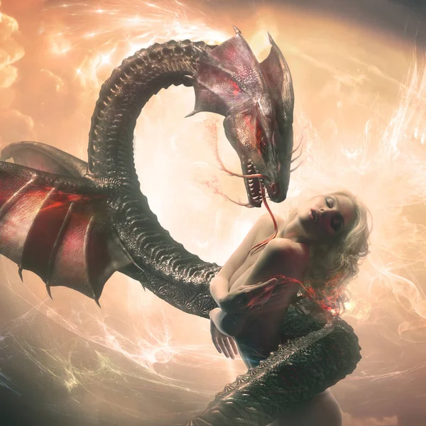 Güzel sarışın model bir fantezi dünyasında ejderha ile