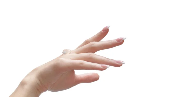 Gel Transparente Para Aplicar Sobre Una Mano Femenina Sobre Fondo — Foto de Stock