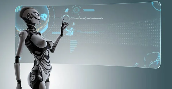 Futuristisches Robo Mädchen Arbeitet Mit Hud Auf Digitalem Hintergrund Renderer — Stockfoto