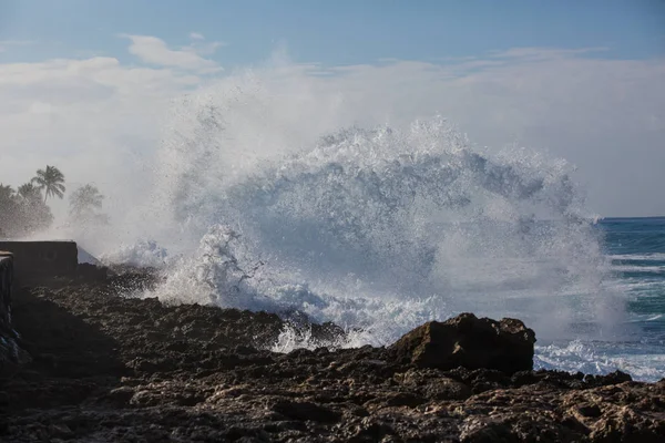 Pausa Praia Tropical Costa Pedra Esmagamento Onda Oceânica Salpicos Água — Fotografia de Stock