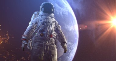 Astronot Neil Armstrong, Ay yüzeyindeki uzay yürüyüşü uzaydan Dünya 'yı izliyor. Bu görüntünün elementleri NASA tarafından döşenmiştir, 3D görüntüleme