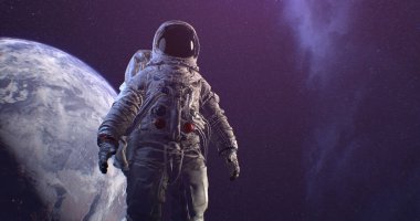 Astronot Neil Armstrong, Ay yüzeyindeki uzay yürüyüşü uzaydan Dünya 'yı izliyor. Bu görüntünün elementleri NASA tarafından döşenmiştir, 3D görüntüleme