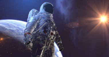 Astronot Neil Armstrong, Ay yüzeyindeki uzay yürüyüşü uzaydan Dünya 'yı izliyor. Bu görüntünün elementleri NASA tarafından döşenmiştir, 3D görüntüleme