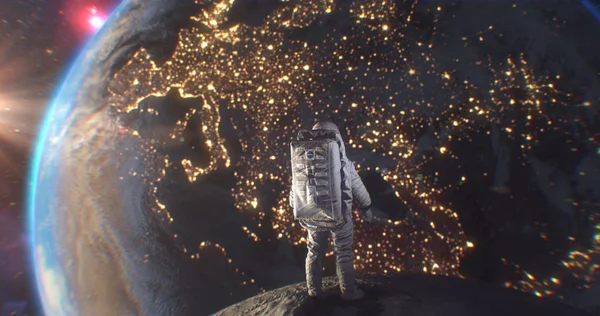 Астронавт Ніл Армстронг Прогулянка Космосом Поверхні Місяця Спостерігає Планетою Земля — стокове фото