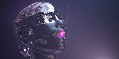 Sayborg suratlı sibernetik beyin, üzerinde altın boya olan fütüristik robot kafa konsepti, kopyalama uzayı olan yapay zeka ağı sanatı, 3D