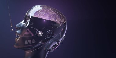 Sayborg suratlı sibernetik beyin, üzerinde altın boya olan fütüristik robot kafa konsepti, kopyalama uzayı olan yapay zeka ağı sanatı, 3D