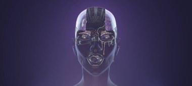 Üzerinde altın boya olan dişi sayborg yüz, fütüristik robotik sanat, 3D çizim.