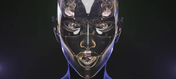 Female cyborg face, futuristic robotic art, 3d render