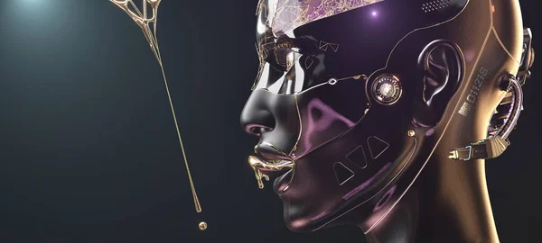 Futuristic Cyborg Fembot Closeup Face Golden Liquid Metal Side View — Stok Foto