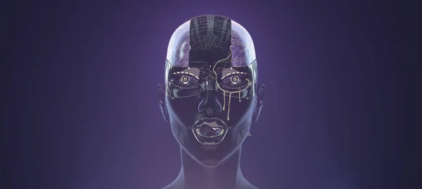 Vrouwelijke Cyborg Gezicht Met Gouden Verf Erop Futuristische Robotkunst Render — Stockfoto