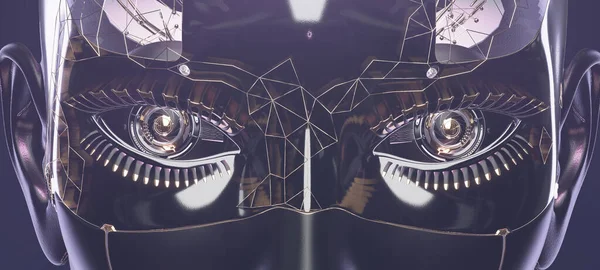 Cérebro Cibernético Rosto Ciborgue Com Olhos Eletrônicos Closeup Futurista Robótico Imagem De Stock