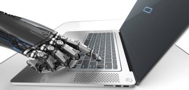 Robot mekanik kolu parmaklarıyla dokunuyor gümüş dizüstü bilgisayarın ekranı ve klavyesi, teknoloji konsepti 3D