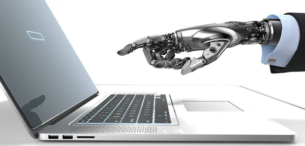 Robot Mechanikus Kar Mutató Ujjak Egy Képernyő Billentyűzet Ezüst Laptop Jogdíjmentes Stock Fotók